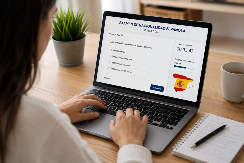 Persona haciendo el examen de nacionalidad española online en un ordenador portátil